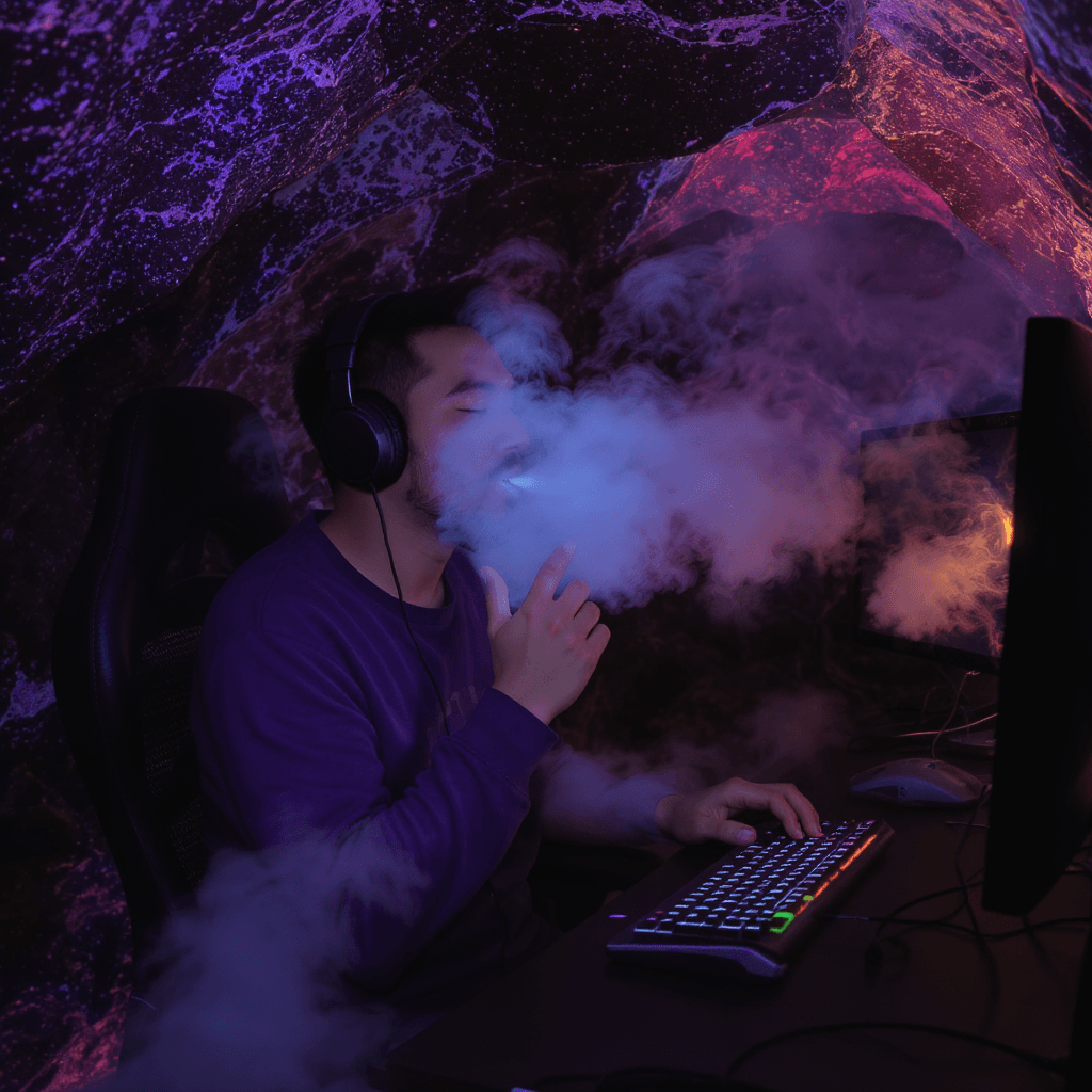 AI generated: An asian man vaping in a computer cave in 2500