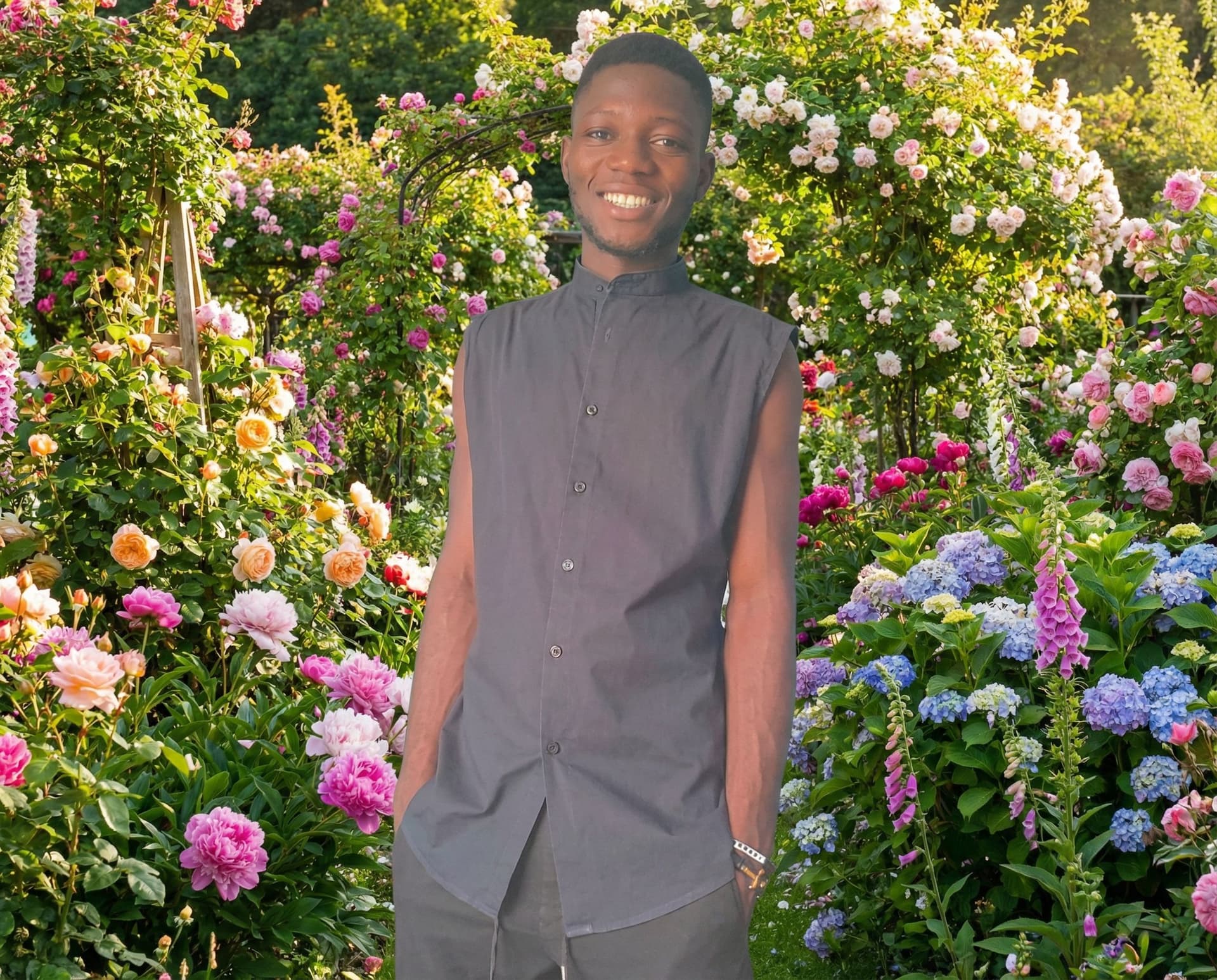 AI generated: Un jeune homme heureux dans un jardin rempli de très belles fleurs faisant la splendeur de l'entoura...