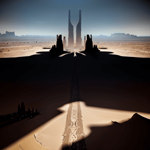 AI generated: Desert landscape, ruins of an advanced city on the left and right, colossal black tall elongated thi...