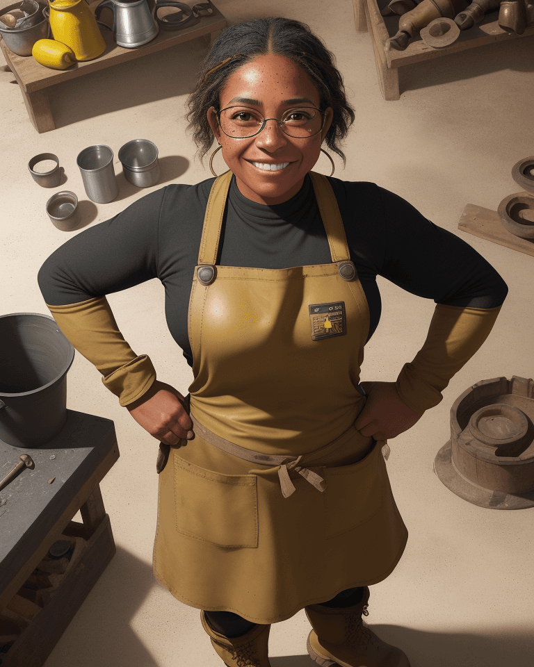AI generated: A photorealistic image of a blacksmith Latina with tan skin, freckles, happy, yellow glasses, wearin...
