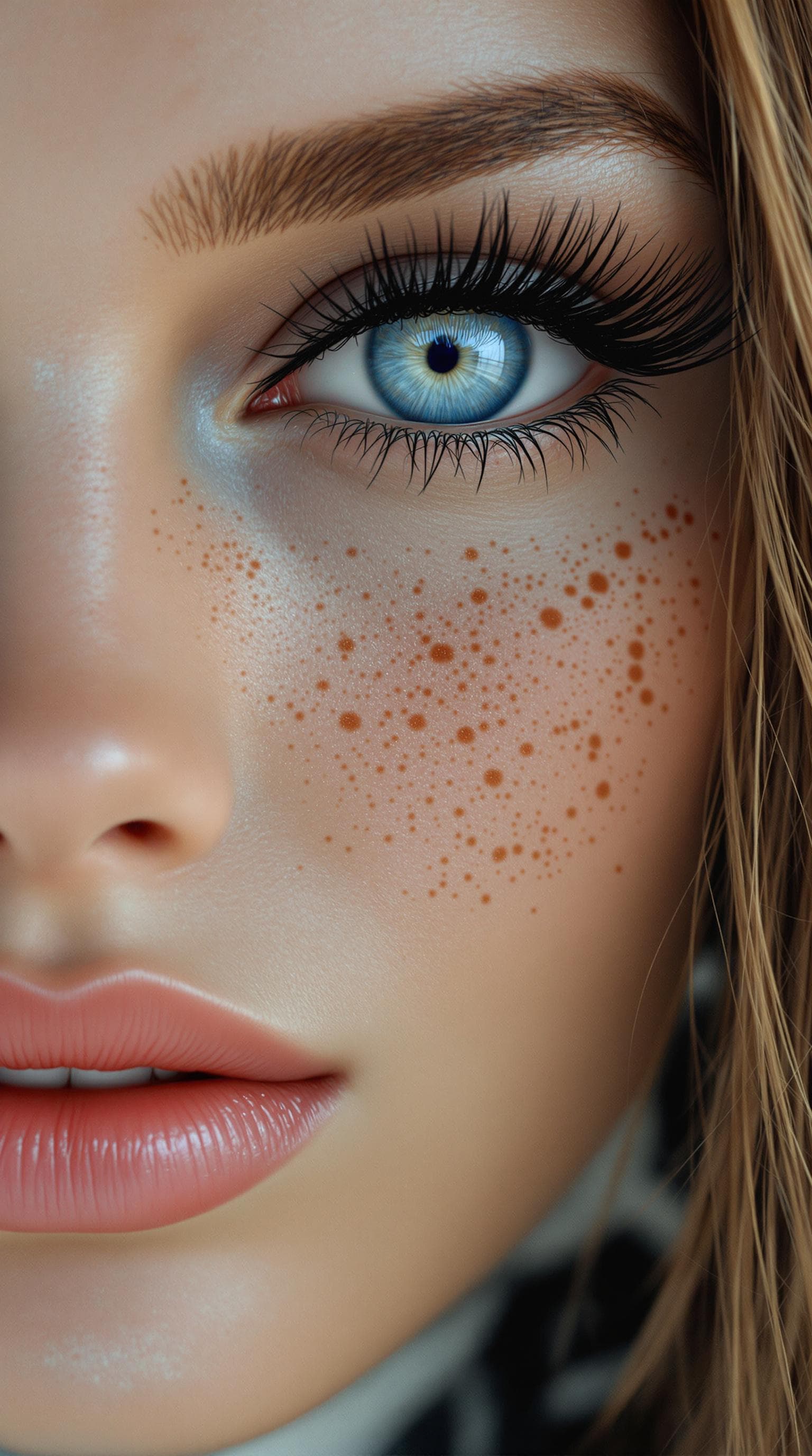 AI generated: Incredibly beautiful Norwegian with blue eyes, long eyelashes, black eyeliner, freckles, dimples on ...