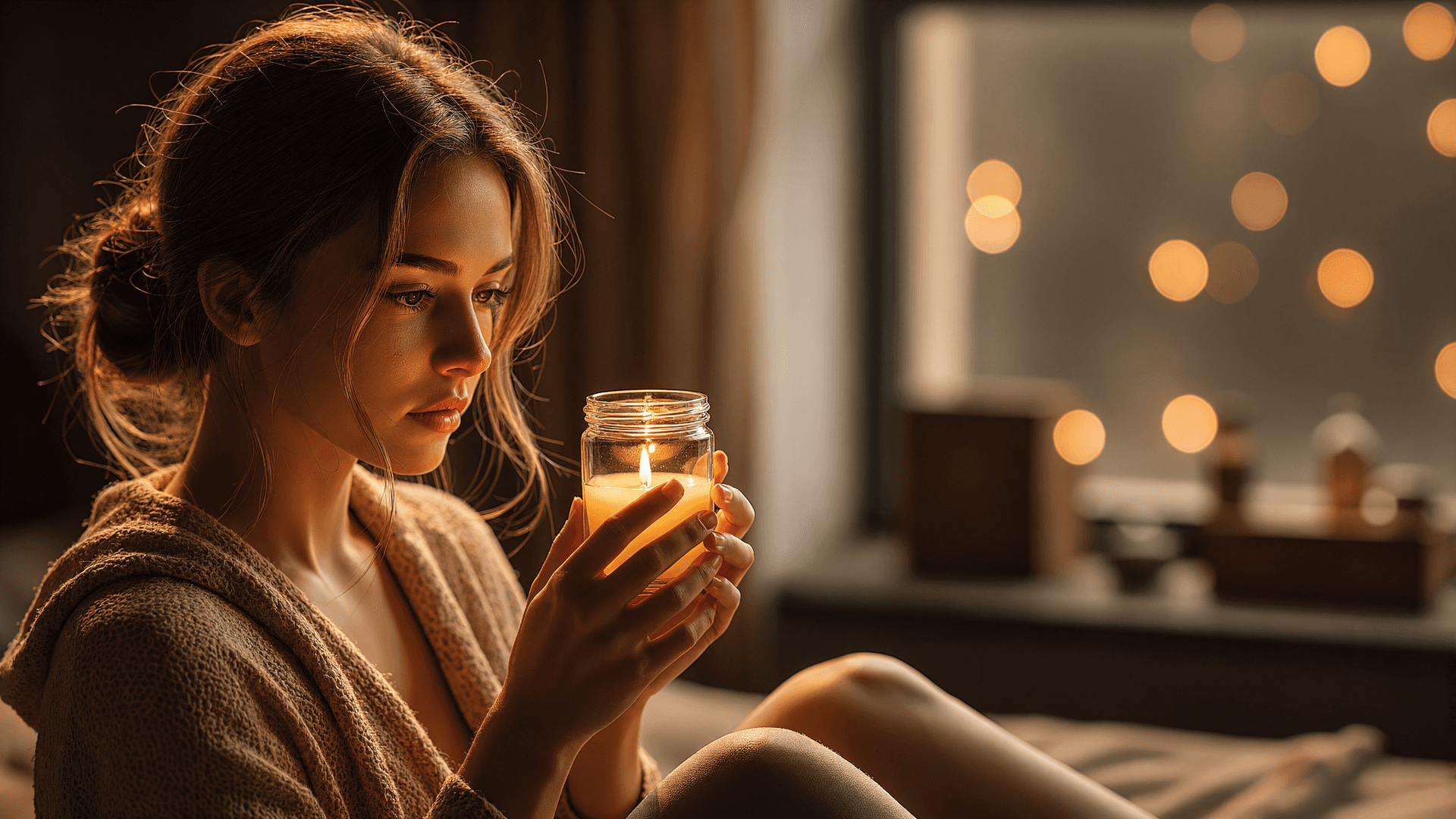 AI generated: young woman with delicate features and porcelain skin in her mid-twenties holds a glass jar containi...
