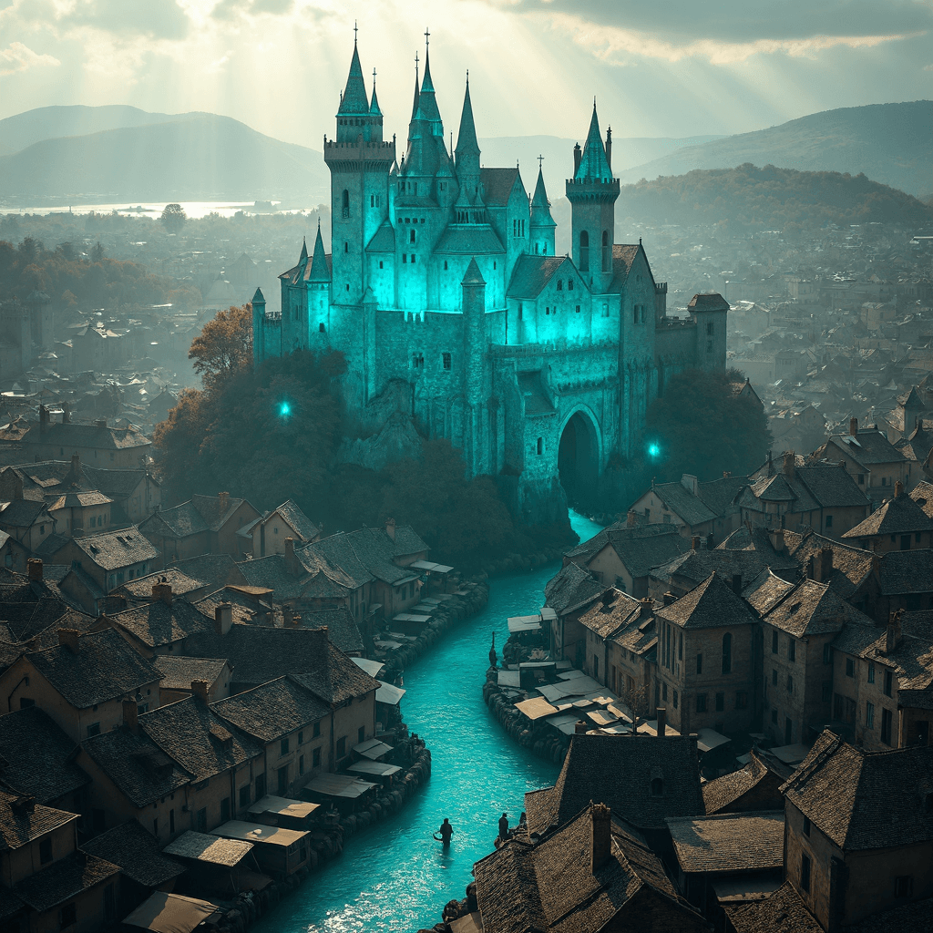 AI generated: The medieval city unfolds beneath the bird's-eye view, streets and rooftops stretching out in quiet,...