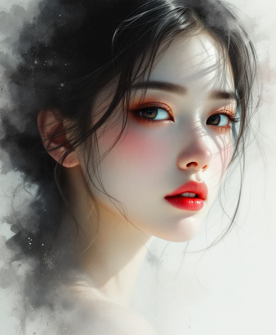 AI generated: a dreamy, abstract painting artwork portrait of a japanese woman 25 years old with her head in full ...