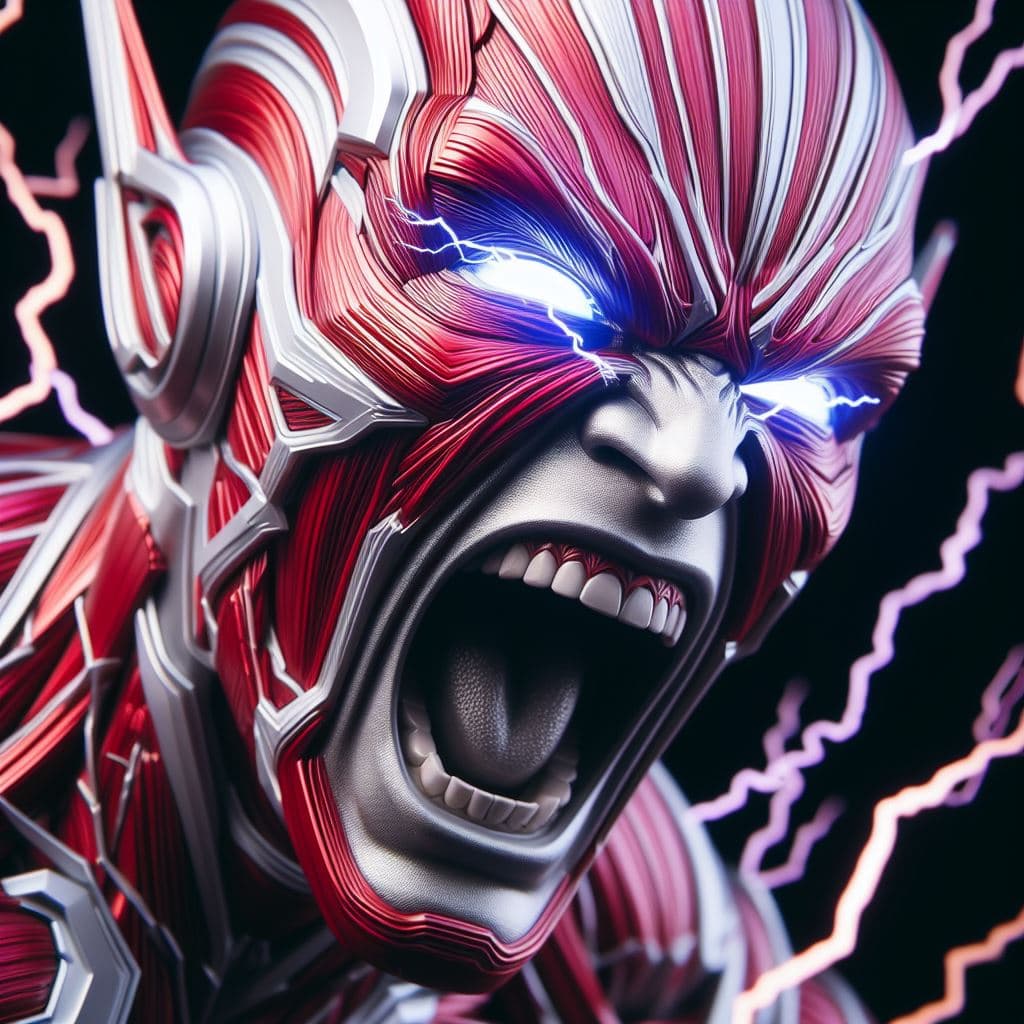 AI generated: close up of Electro of Marvel screaming, in a fit of rage, Masterpiece, gigantic scale, ascii-art --...