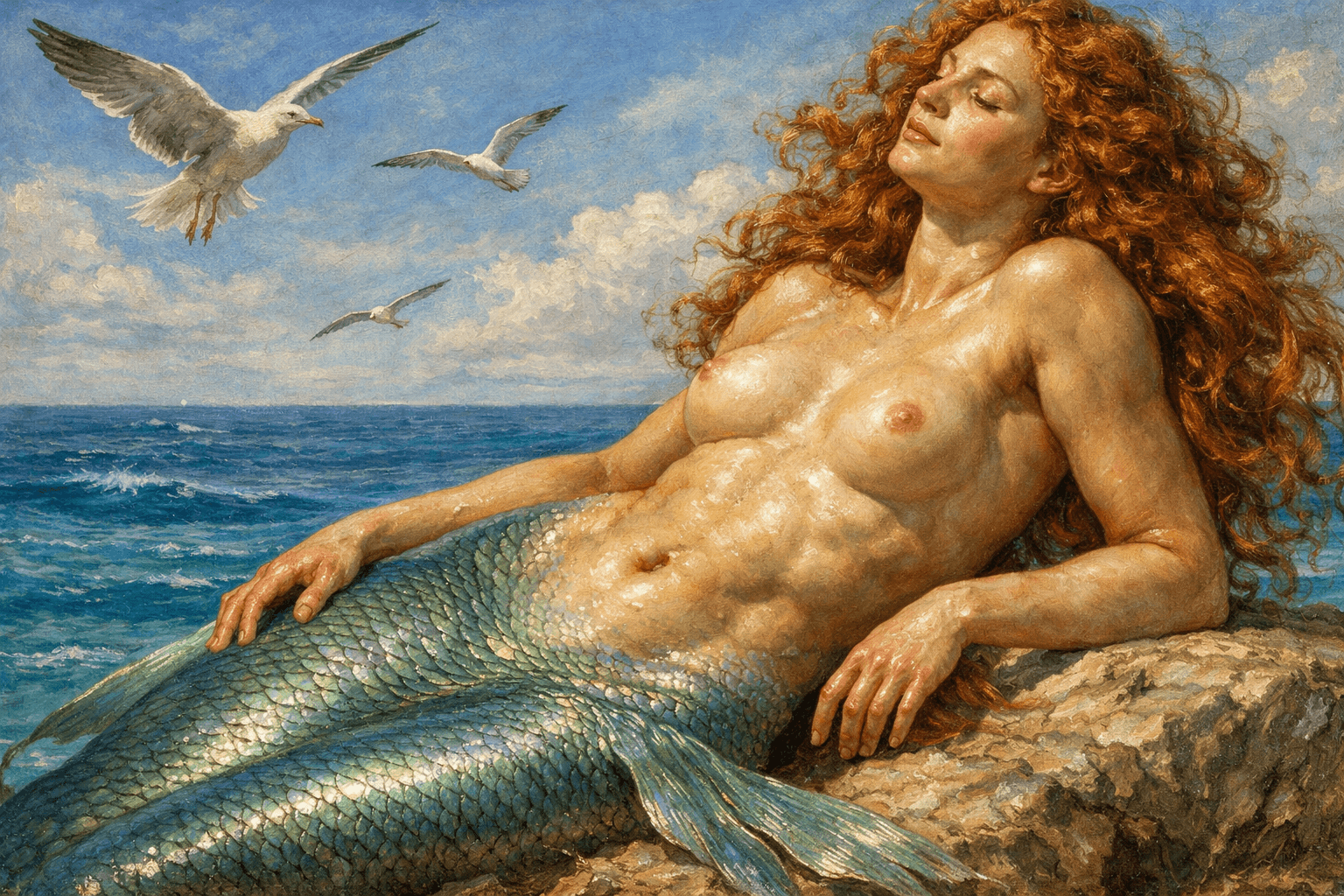 AI generated: siren, shimmering tail, curly red hair, sunning on a rock, azure sea, seagulls soaring, close up