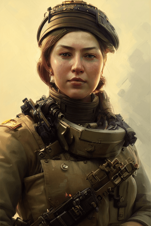 AI generated: hyperrealistic portrait of female tank commander| full shot| detailed face| symmetric| intricate| re...