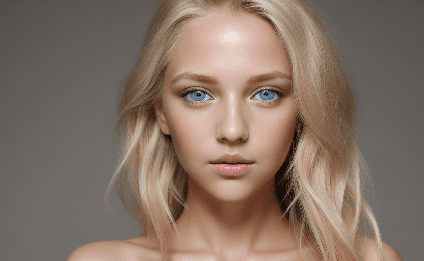 AI generated: full length beauty shot of young blonde woman with wild cropped blonde hair, detailed grey eyes, hea...