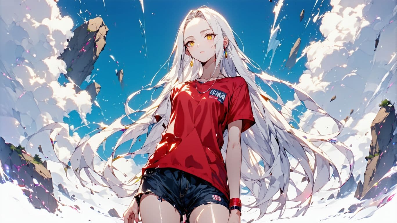 AI generated: high quality, 1lady, 25 years old, gold eyes, long white hair, fade, upper body 
, red-top, black sh...