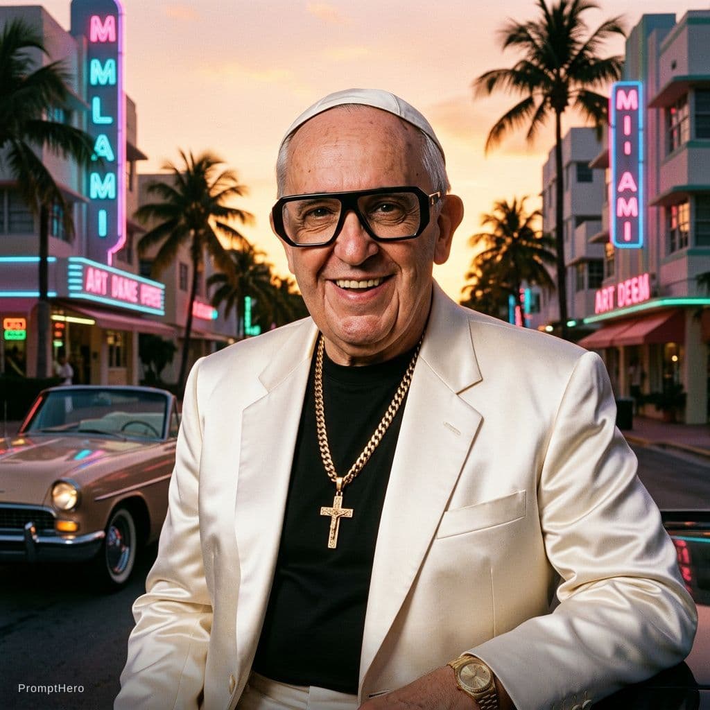 AI generated: Pope Francis in 80s Miami Style --ar 9:16