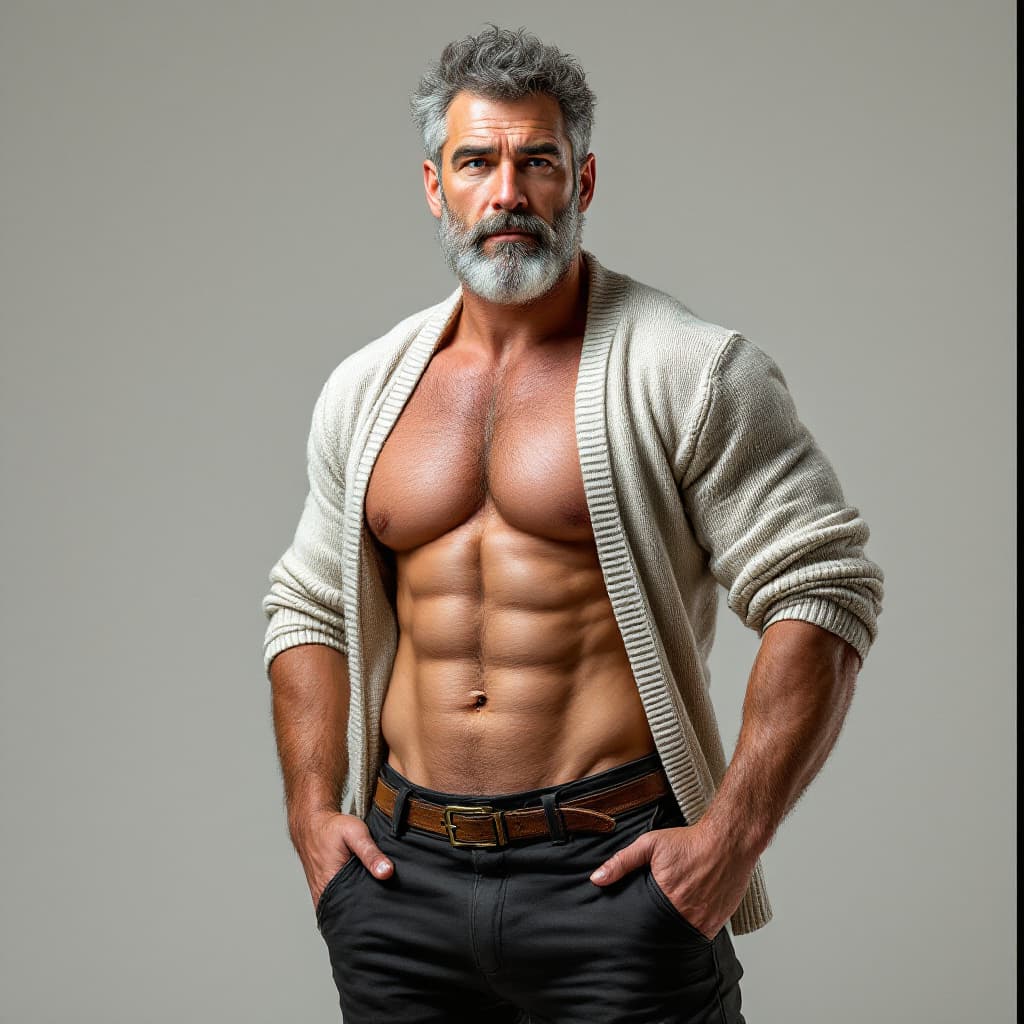 AI generated: full body, six pak abs, medium muscular, large bulge in pants, show face of original, salt and peppe...