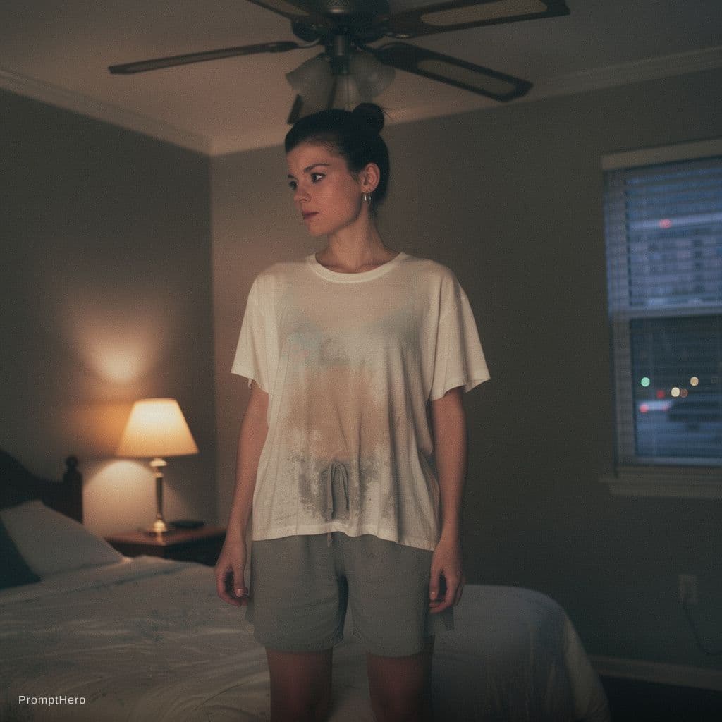 AI generated: A candid documentary style image captures a woman standing beneath a slow ceiling fan, heat hanging ...