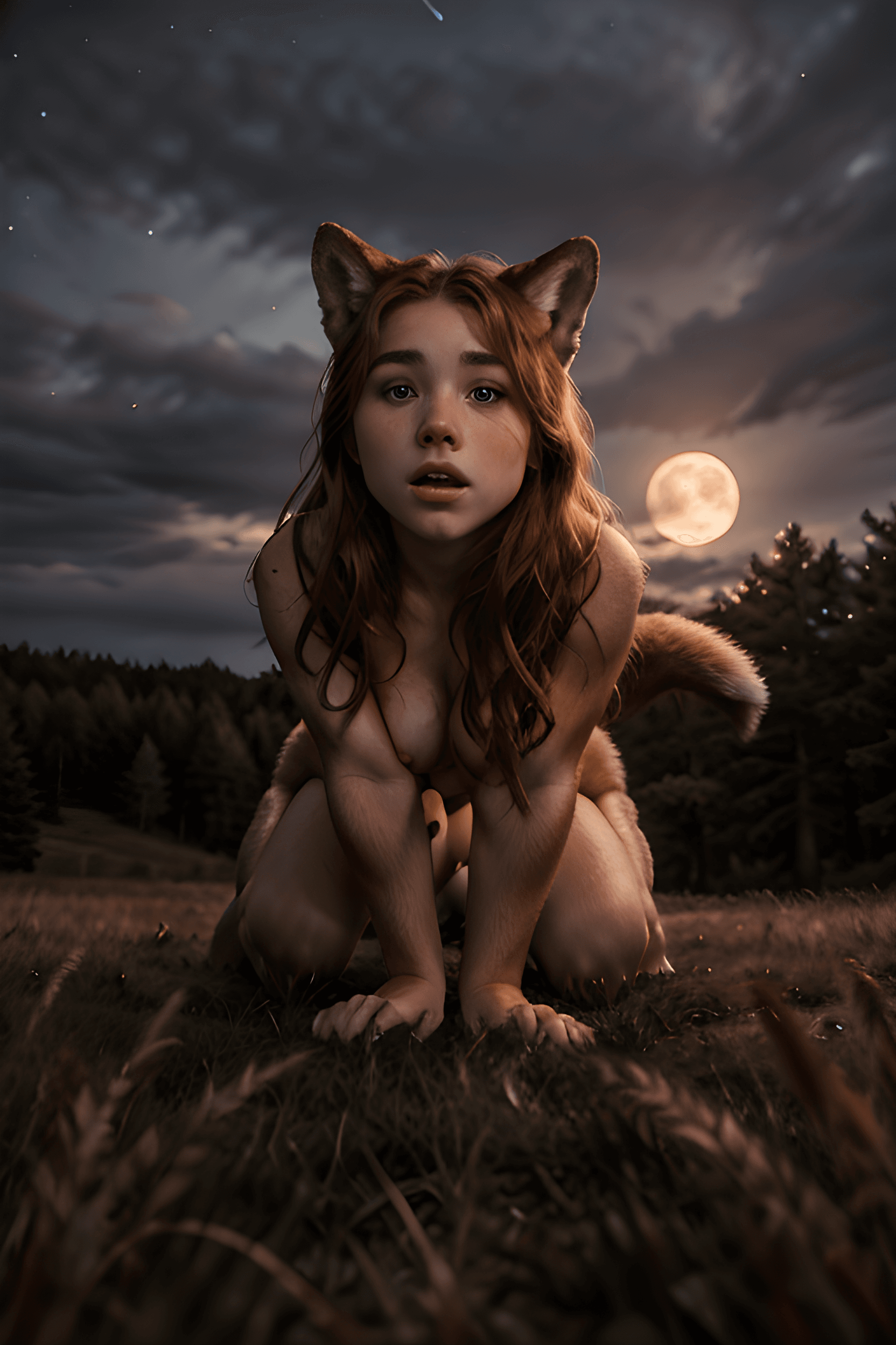 AI generated: RAW photo of a young woman, (full body) wide view, chubby, transformation into a wolf, ((front view)...