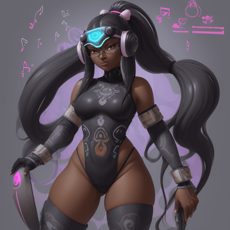 AI generated: inkling adult goddesses, long hair in a ponytail, dark skin, leotard, thick thighs, speakers on helm...