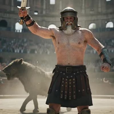 AI generated video: El gladiador levanta la espada en actitud de victoria.