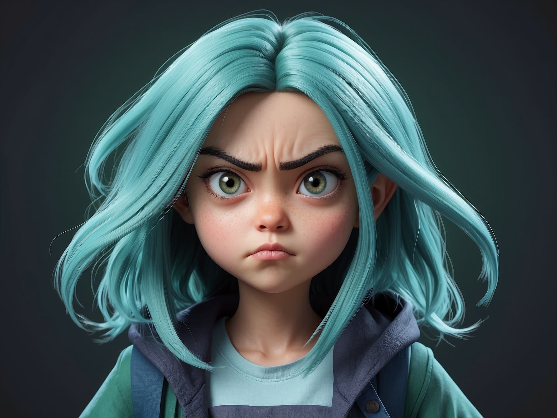 AI generated: a close up of a cartoon character with blue hair, a character portrait by senior character artist, f...