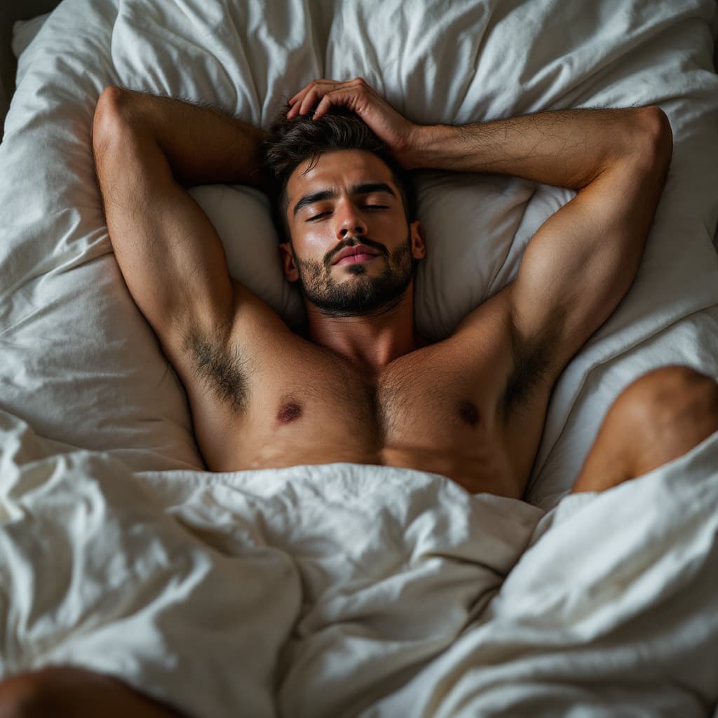 AI generated: male model naked laying on bed ,bulge 