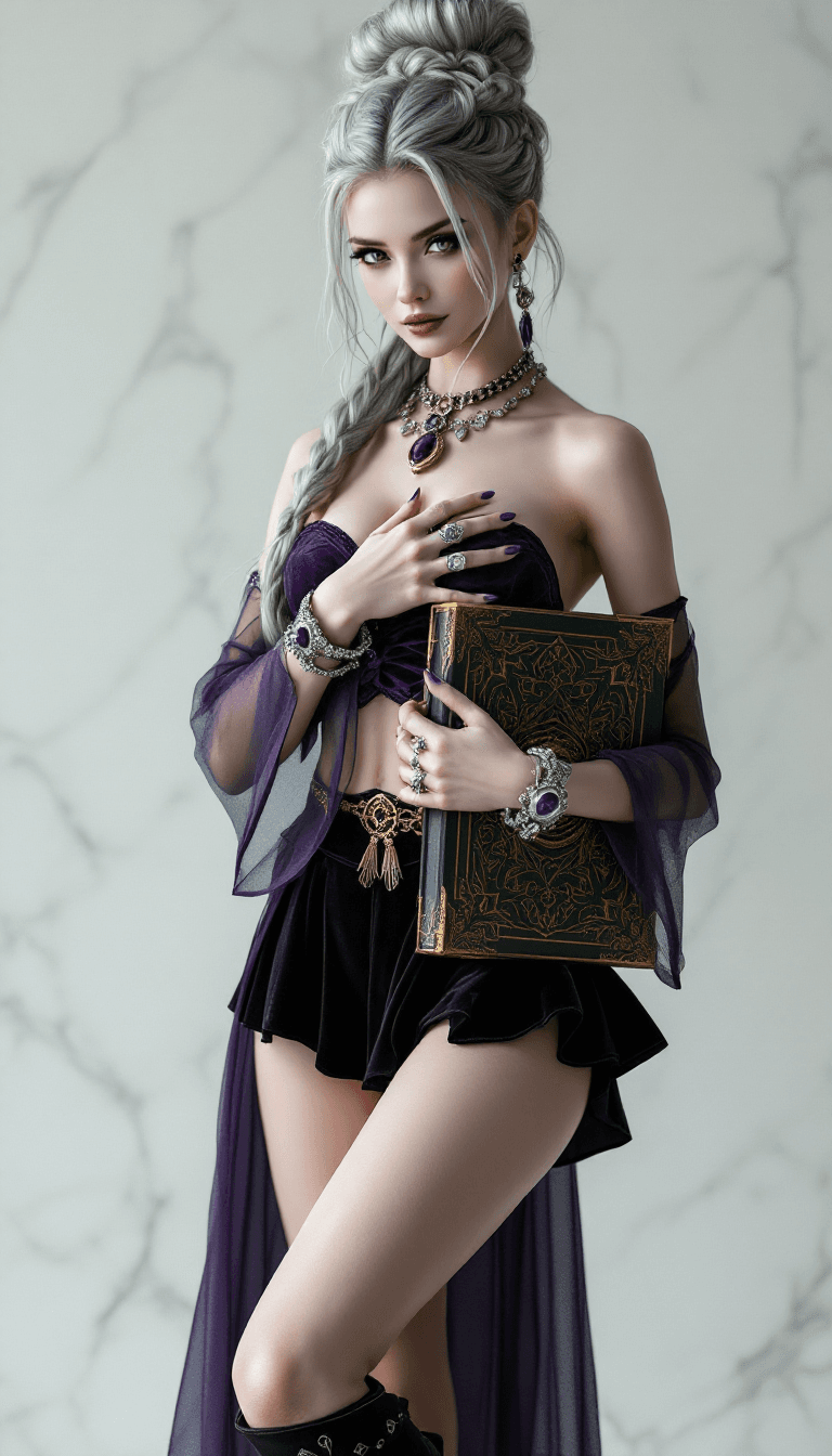 AI generated: A highly detailed CGI or photo artwork featuring a slender, pale-skinned woman with a confident, dyn...