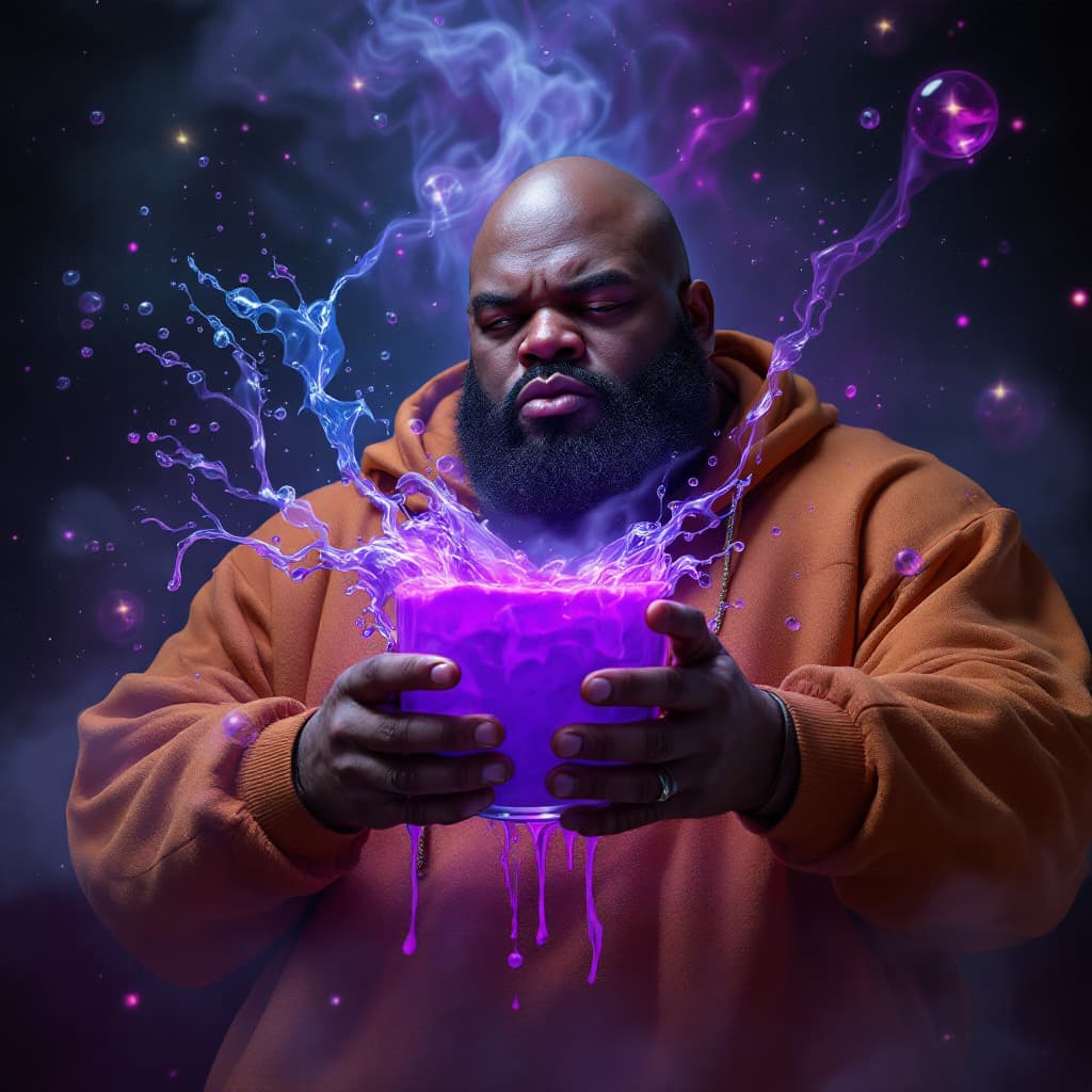 AI generated: dave blunts a big very very fat bald black rapper with no facial hair controlling the 4 elements wit...