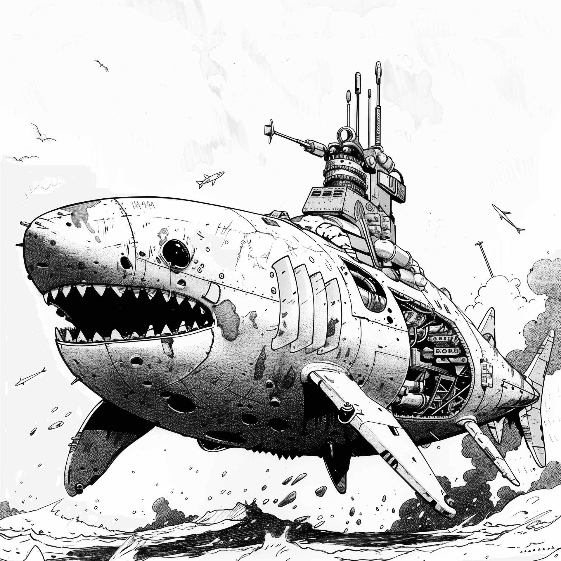 AI generated: a shark shaped submarine, herge comic style, mechanical, black and white --v 6.0