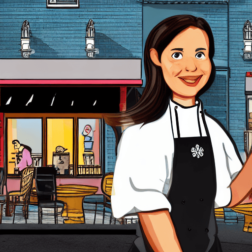 AI generated: A cartoon-style image of a proud chef in front of a boutique restaurant. The chef is a woman with wa...