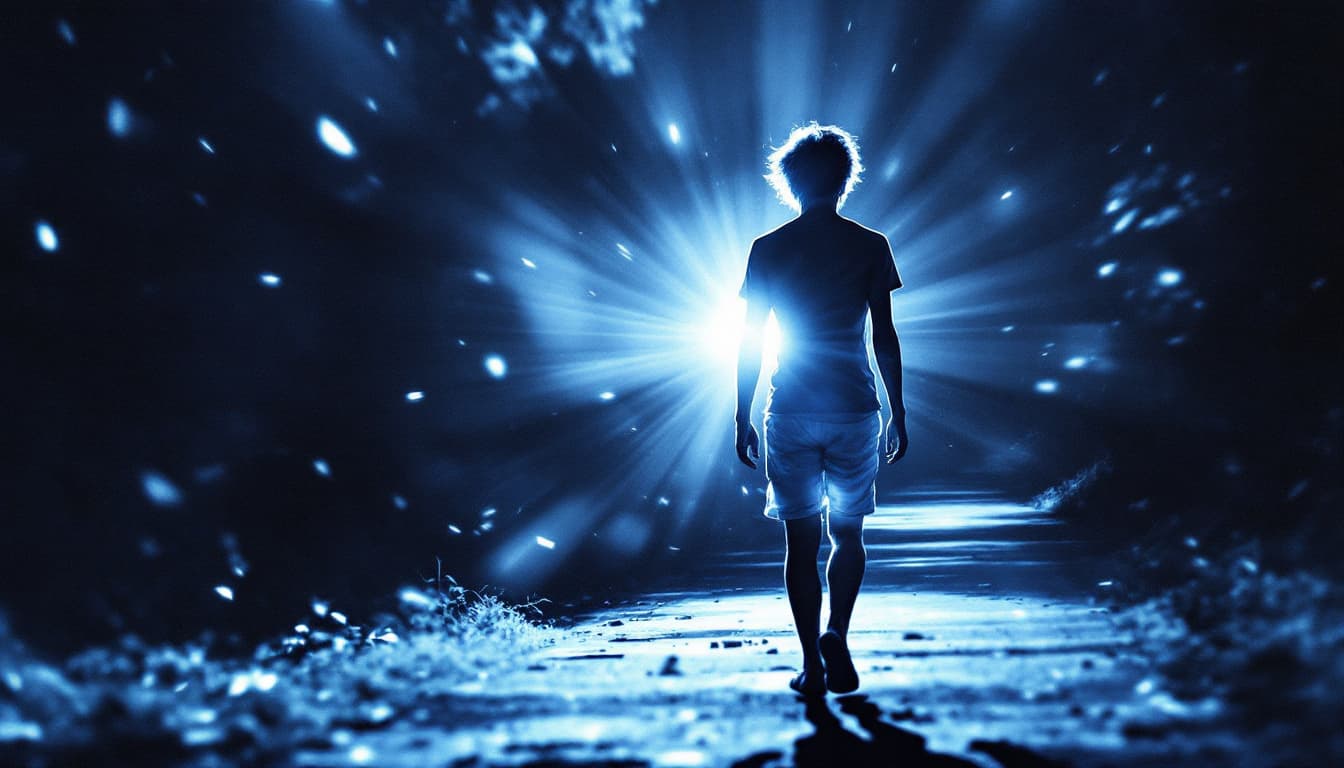 AI generated: A teenager dressed only in shorts walks along a path, illuminated by an aura of light.