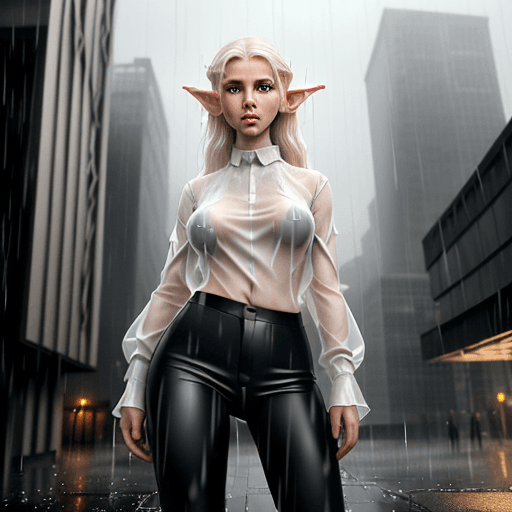 AI generated: A realistic looking female elf see through white shirt and black pants in a modern world that is rai...