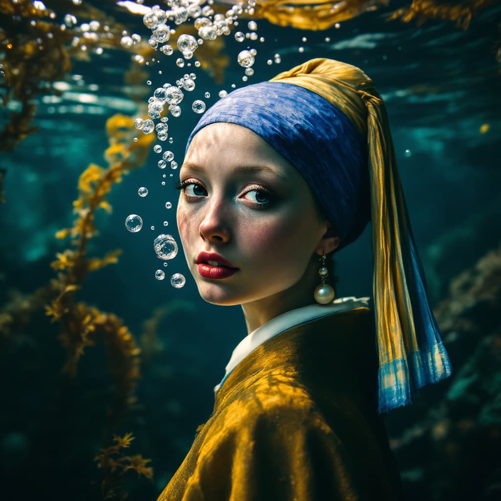 AI generated: girl with a pearl earring by johannes vemeer, underwater, bubbles from mouth, headscarf floating fre...