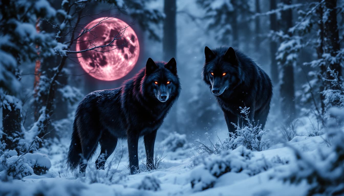 AI generated: Black wolves in a snowy forest, their gaze was fearsome, a blood moon was forming
