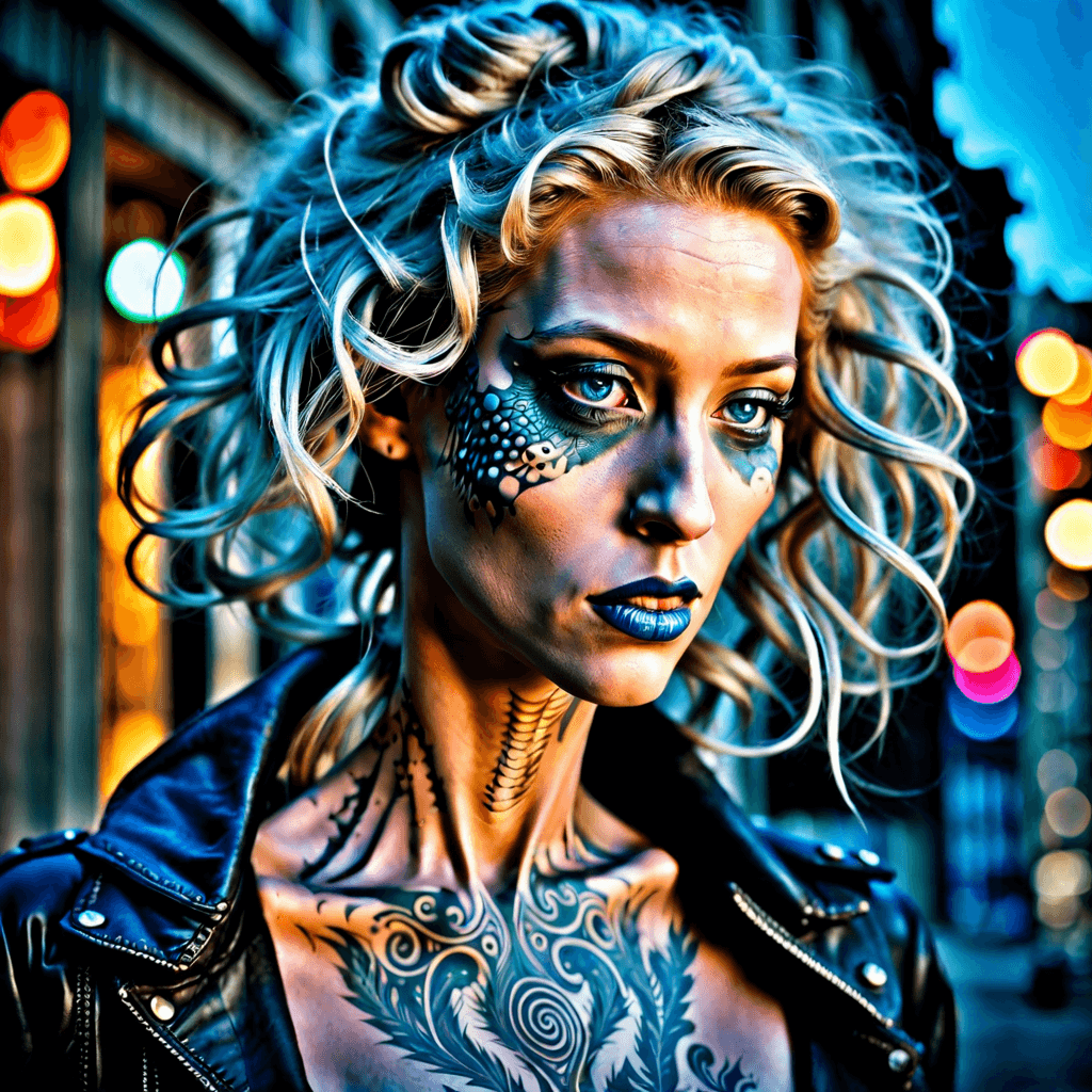 AI generated: A close up portrait of an (((anorexic harsh drug abused neonpunk female)), vivid make up, skinny, fa...