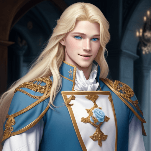 AI generated: generates a prince charming, blond with blue eyes and long hair, tall and muscular, chivalrous with ...