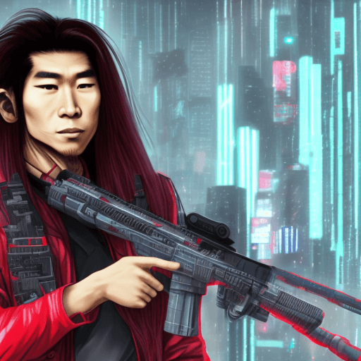 AI generated: Cyberpunk, red long hair asian-american male holding a cyber sniper rifle