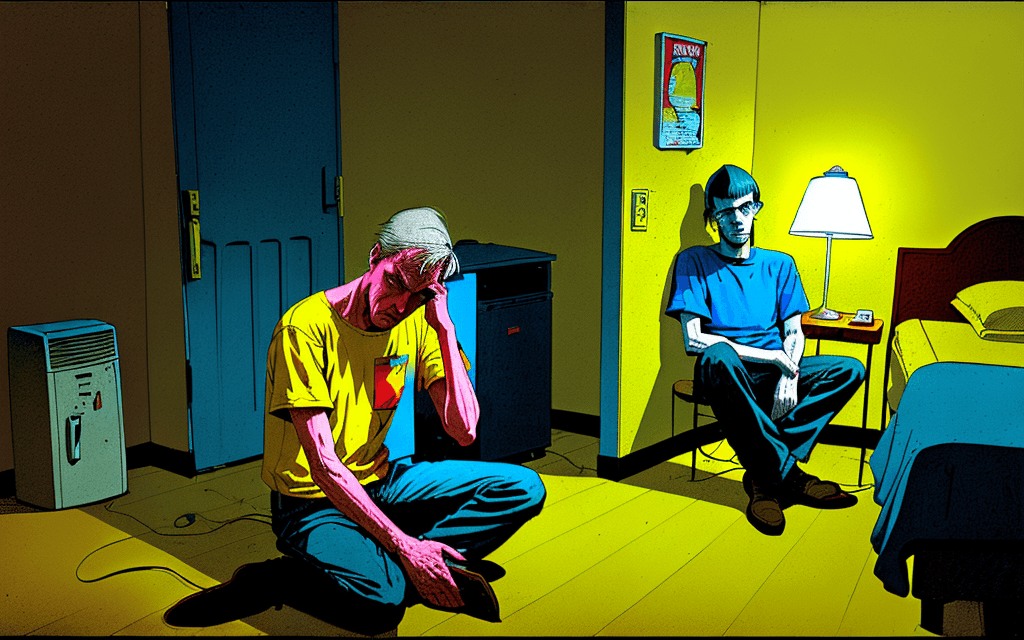 AI generated: A man sitting on the floor of a US roadside motel. The man is desperate with his hands on his head. ...