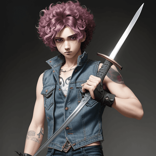 AI generated: curly hair middle part anime boy punk in denim vest with a sword fighting huge demon