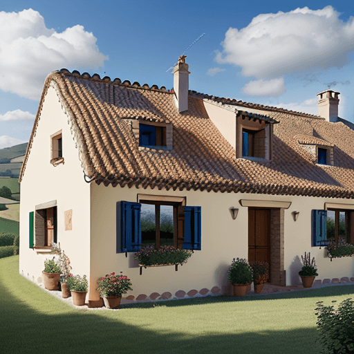 AI generated: Realistic photo. A countryside house in a classic Catalan style. A British flag is waving on the roo...