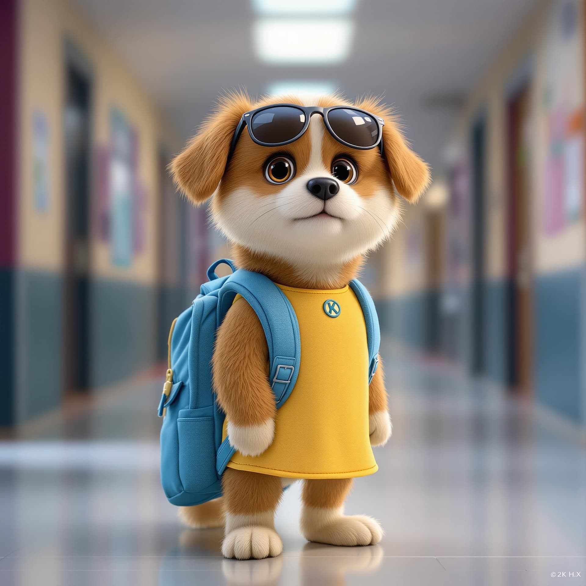 AI generated: A cute dog standing like a person, dressed in a yellow dress, a blue backpack and a sunglasses on he...
