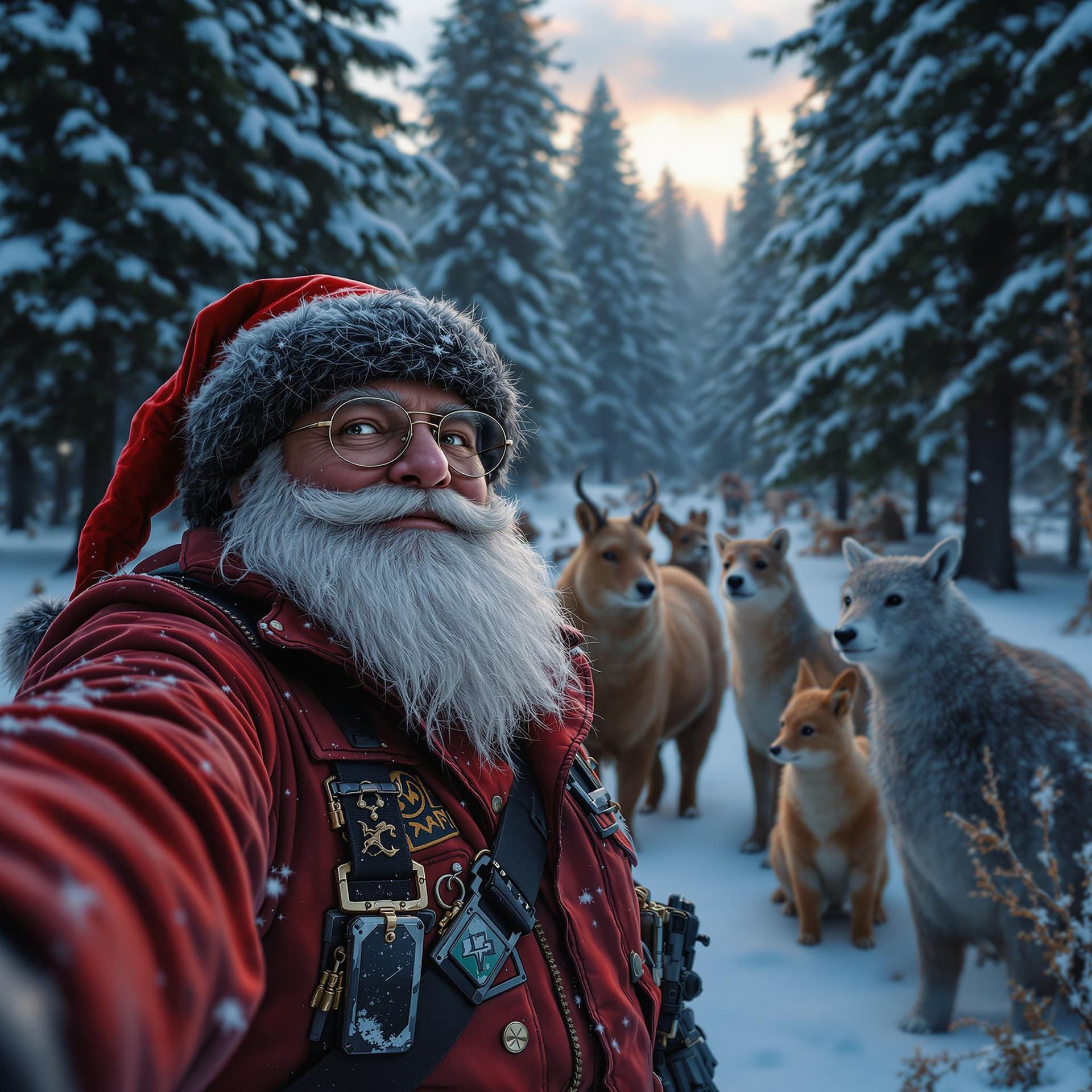AI generated: In the winter forest, there is an field with many forest animals standing on it. Santa Claus wearing...