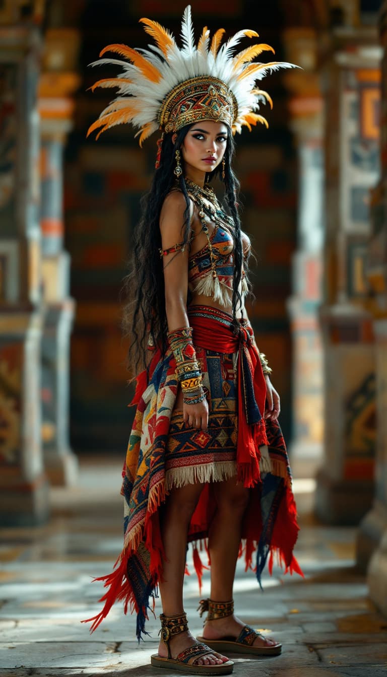 AI generated: A photo of a 21-year-old Inca princess looking like Jenna Ortega, super exposing a woven tunic with ...