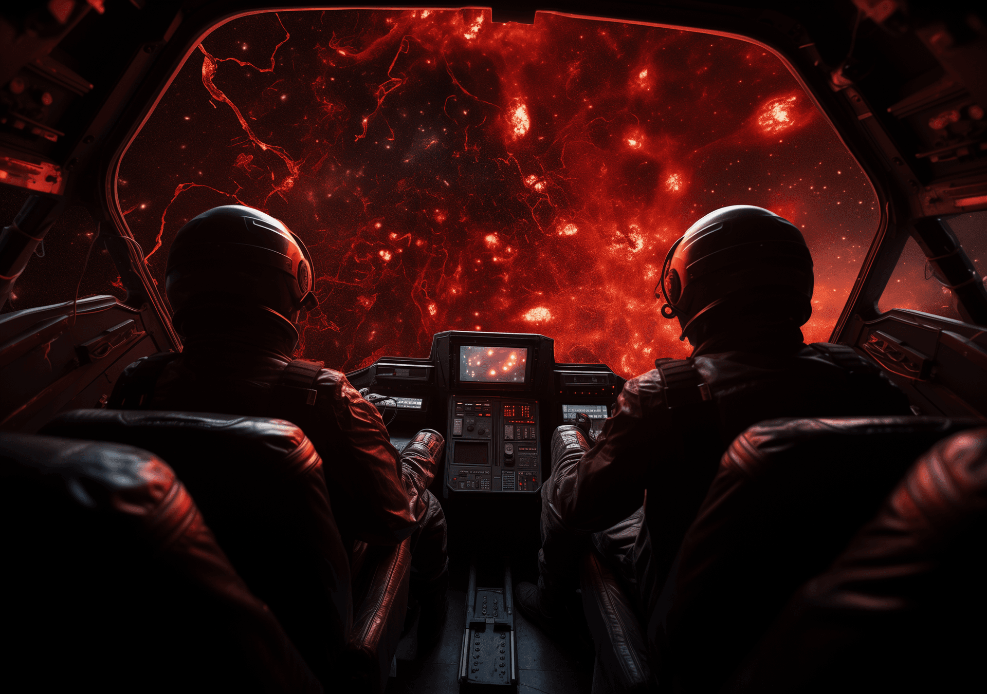 AI generated: View from inside the cockpit of an alien spaceship, three astronauts in their seats with red lights ...