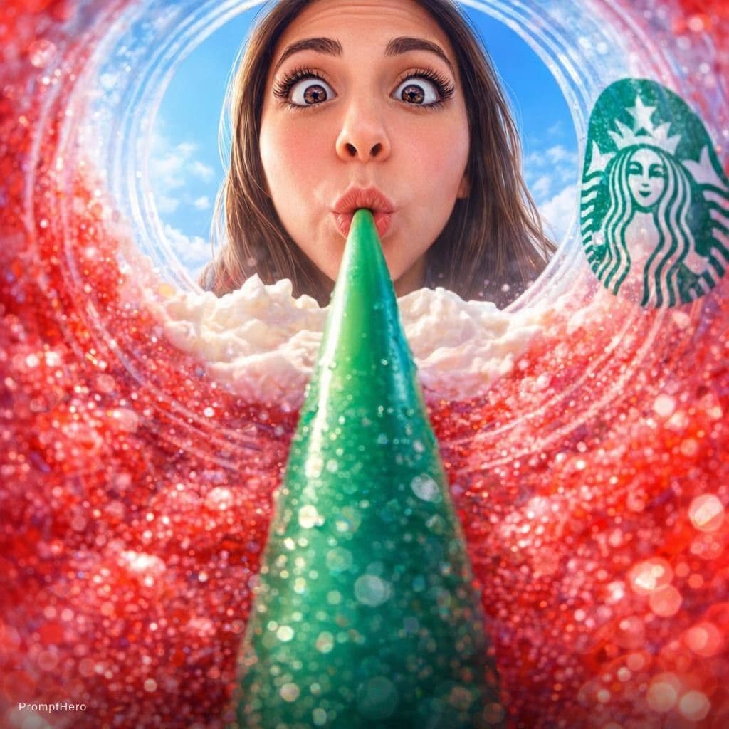 AI generated: {
  "prompt": "View from inside a Starbucks strawberry frappuccino cup looking up, fisheye lens extr...