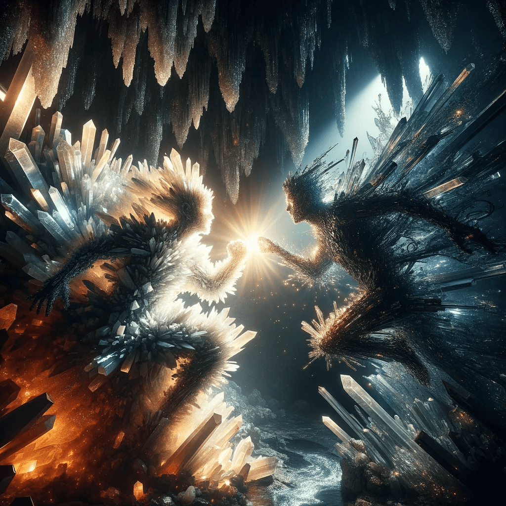 AI generated: Deep within an underground cavern, two figures engage in a dramatic battle. One manipulates crystals...