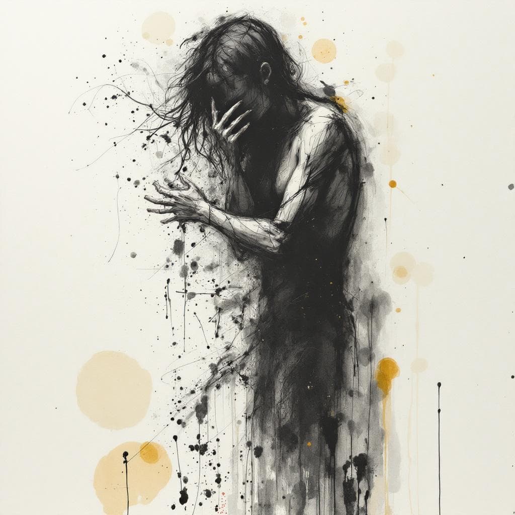 AI generated: A fading human figure rendered in a neo-expressionist, urban sketch style using mixed-media techniqu...