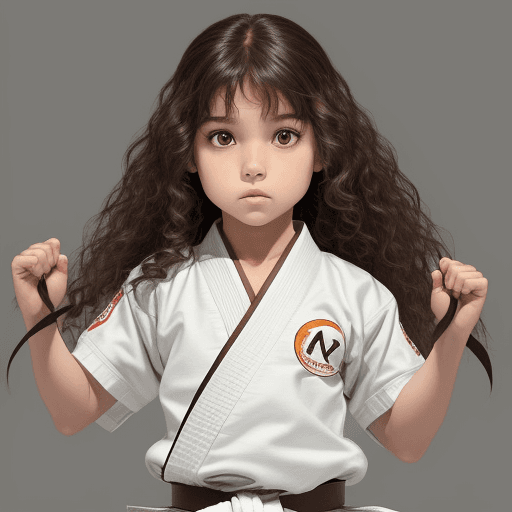 AI generated: a 7-year-old girl, white skin, brown eyes, long wavy brown hair, wearing a karategi and a white belt...