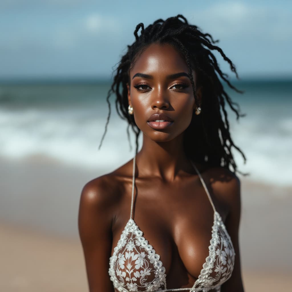 AI generated: A portrait photo of a black Colombian supermodel, photorealistic, beach, full body, optimal photogra...
