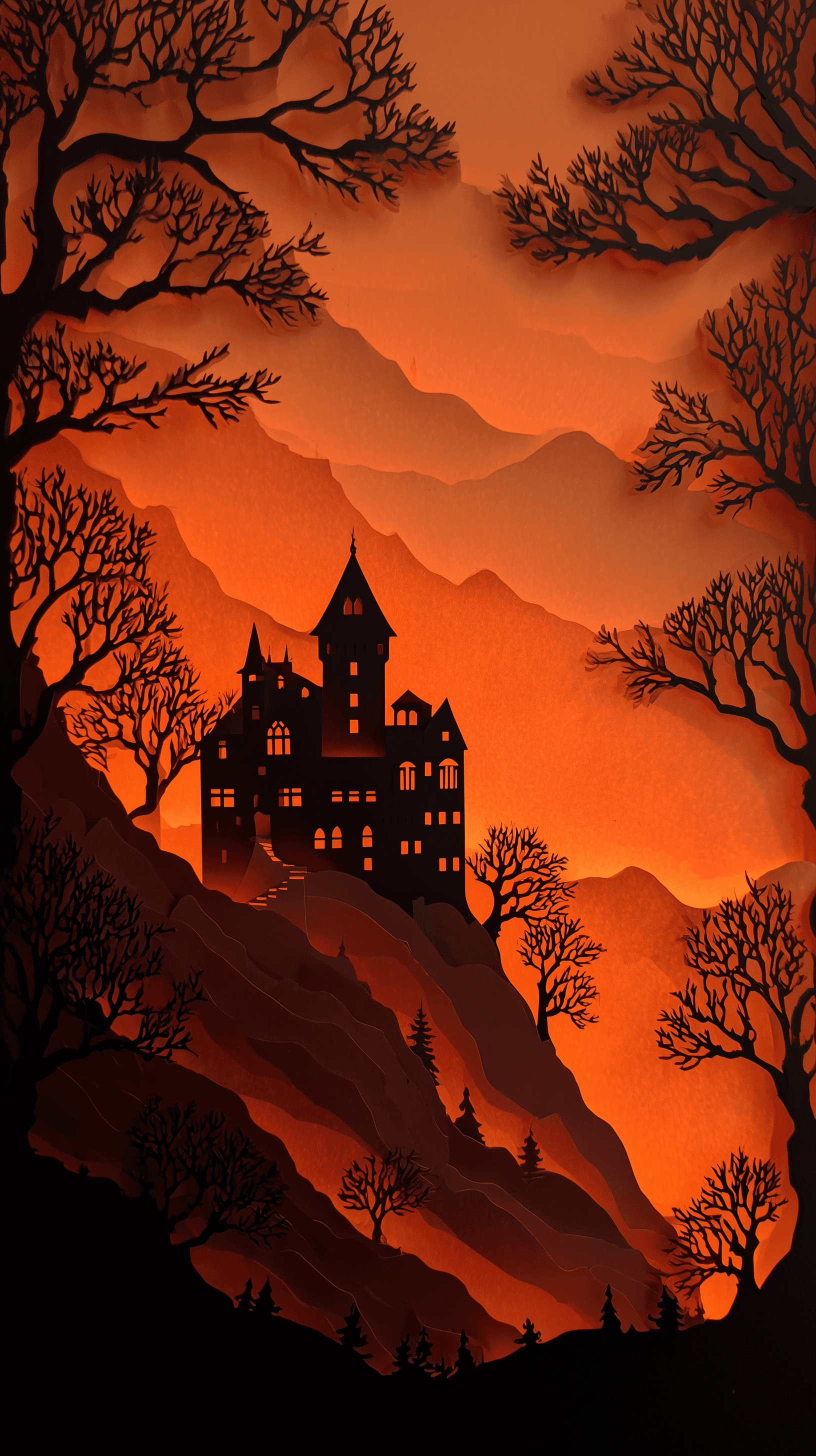 AI generated: 3d layered papercut art, castle on a cliff, shadow box style, backlit illumination, solid black and ...
