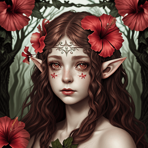 AI generated: Hibiscus fae, Hibiscus as elve, portrait, fantasy vibe, muted colors, magical, epic, brown hair, dar...