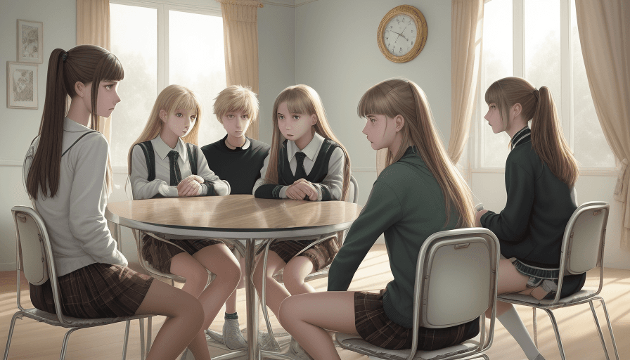 AI generated: in the style of realistic hyper-detailed, 7 teenagers boyі and girlі are sitting on chairs facing ea...
