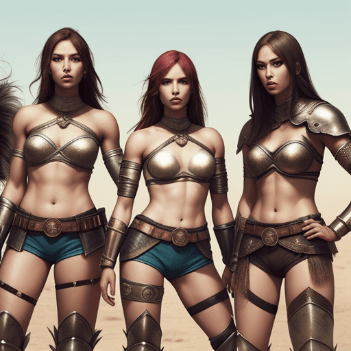 AI generated: Seven female warriors wearing hot pants