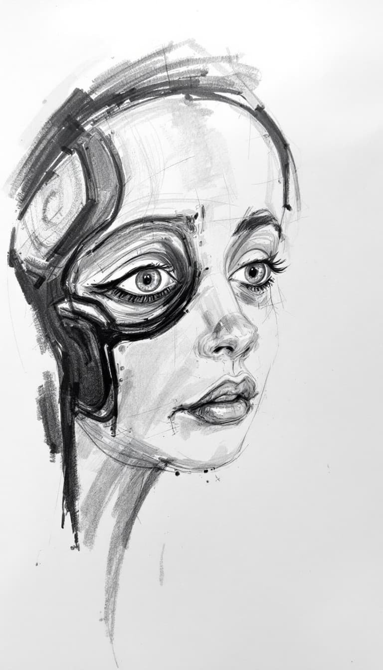 AI generated: Girl, charcoal sketch, wondering, 
