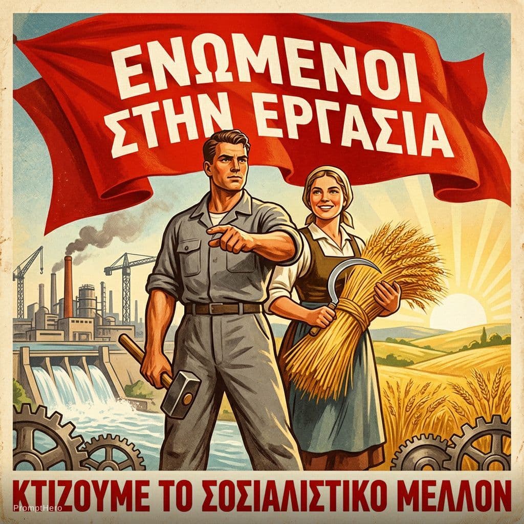 AI generated: A retro propaganda poster in the style of mid-20th century Socialist Realism. In the center, a stron...
